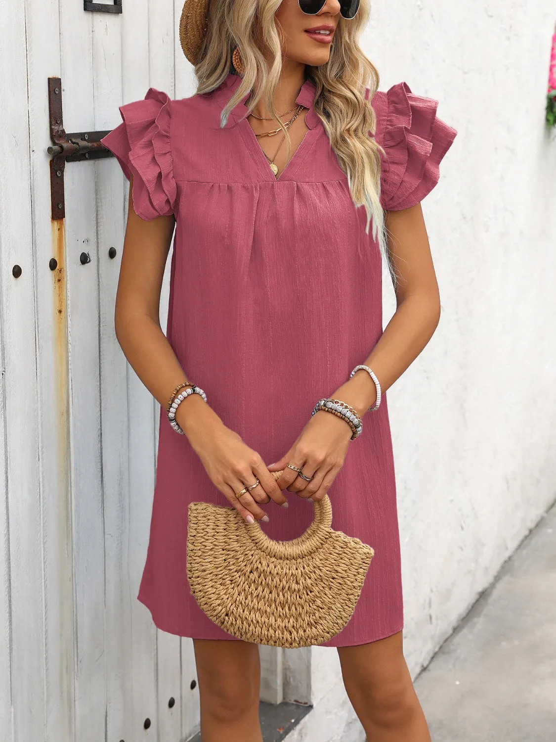 Sunset Vacation Ruffled Notched Cap Sleeve Mini Dress