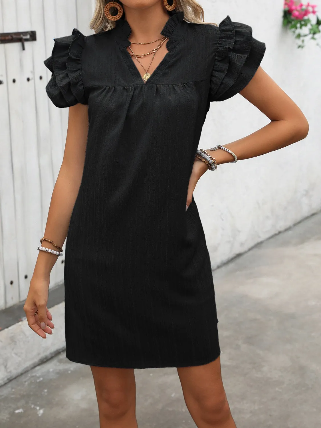 Sunset Vacation Ruffled Notched Cap Sleeve Mini Dress