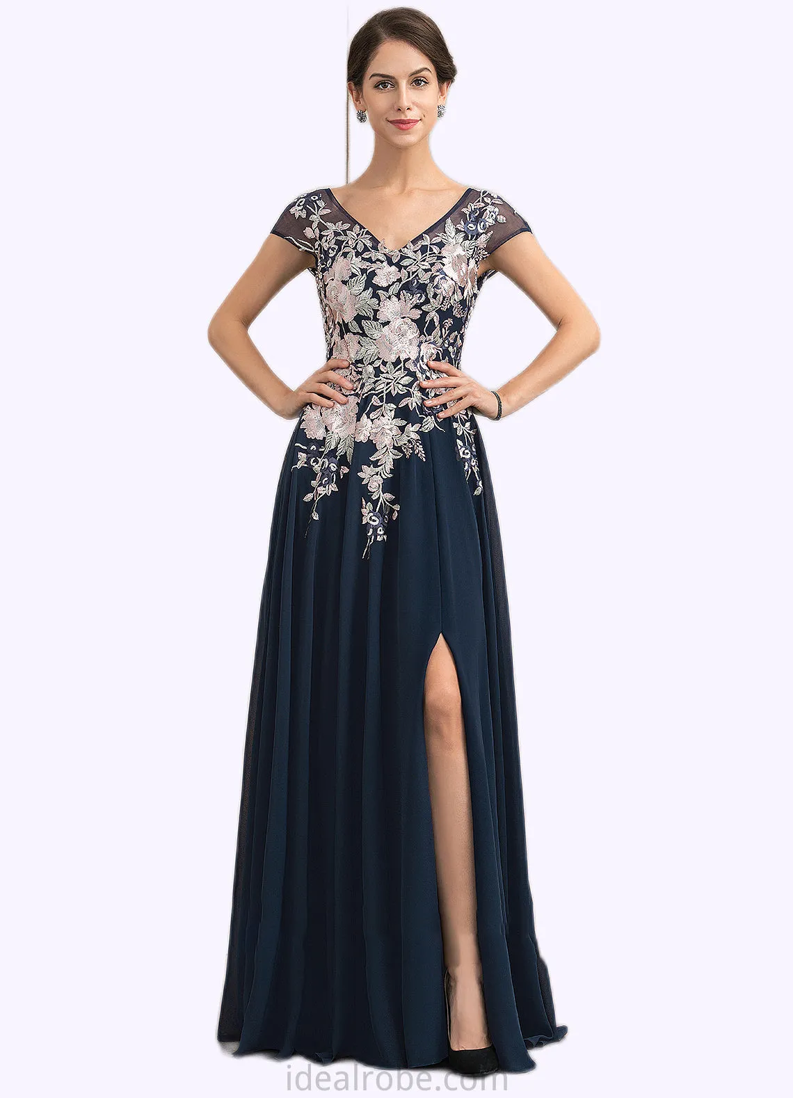 Taryn A-Line V-neck Floor-Length Chiffon Lace Mother of the Bride Dress With Split Front STK126P0014649