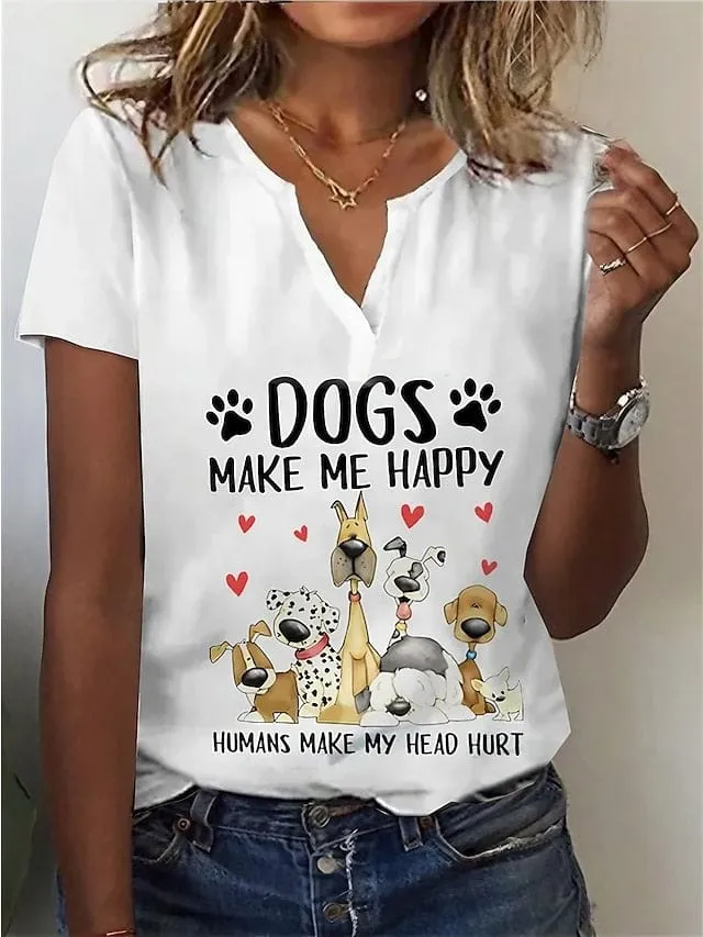 Trendy Women's Dog Print V-Neck T-Shirt with Short Sleeves