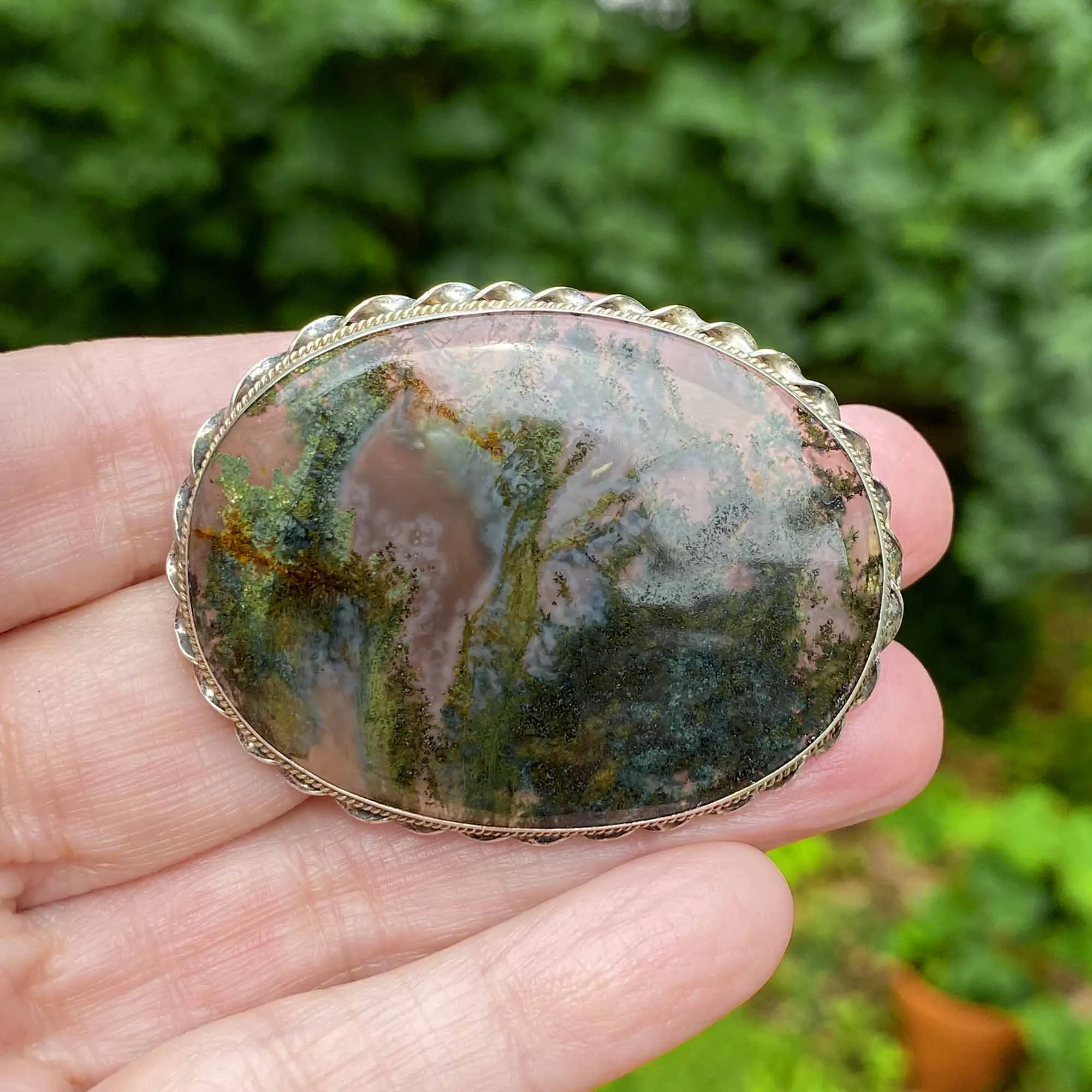 Victorian Silver Large Dendritic Moss Agate Brooch