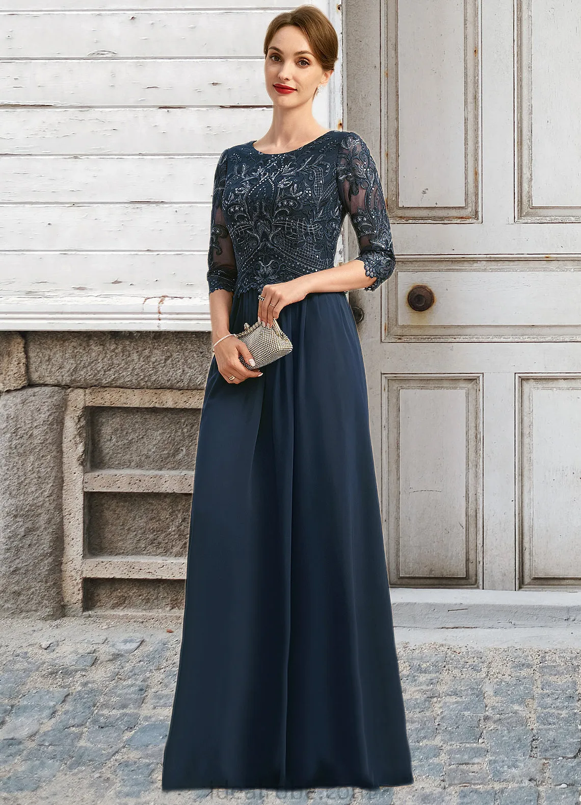 Willow A-line Scoop Floor-Length Chiffon Lace Mother of the Bride Dress With Sequins STKP0021651