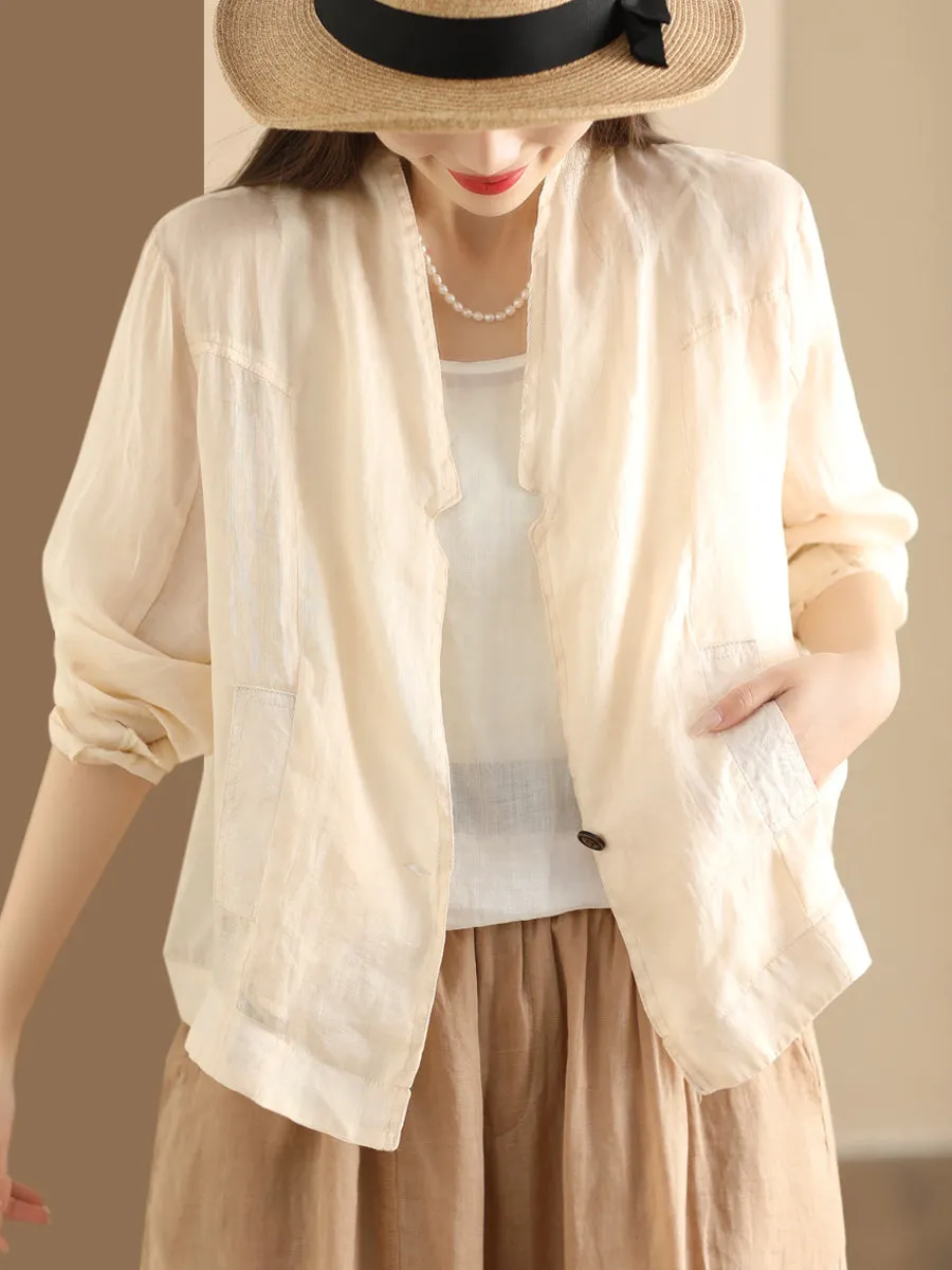 Women Vintage Solid Summer Ramie Thin Cardigan Shirt Coat SC1056