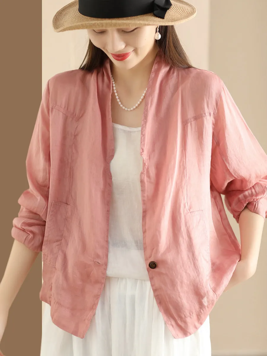 Women Vintage Solid Summer Ramie Thin Cardigan Shirt Coat SC1056